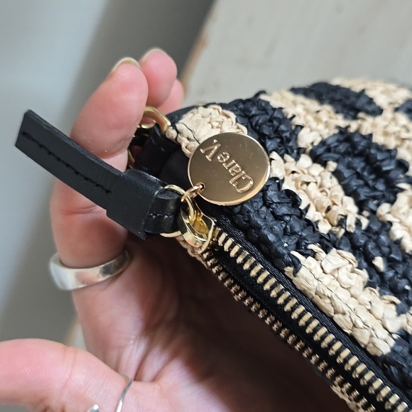 Clare V. Petit Moyen Leather Messenger Bag - Black/Natural Checker Raffia - Picture 8 of 15